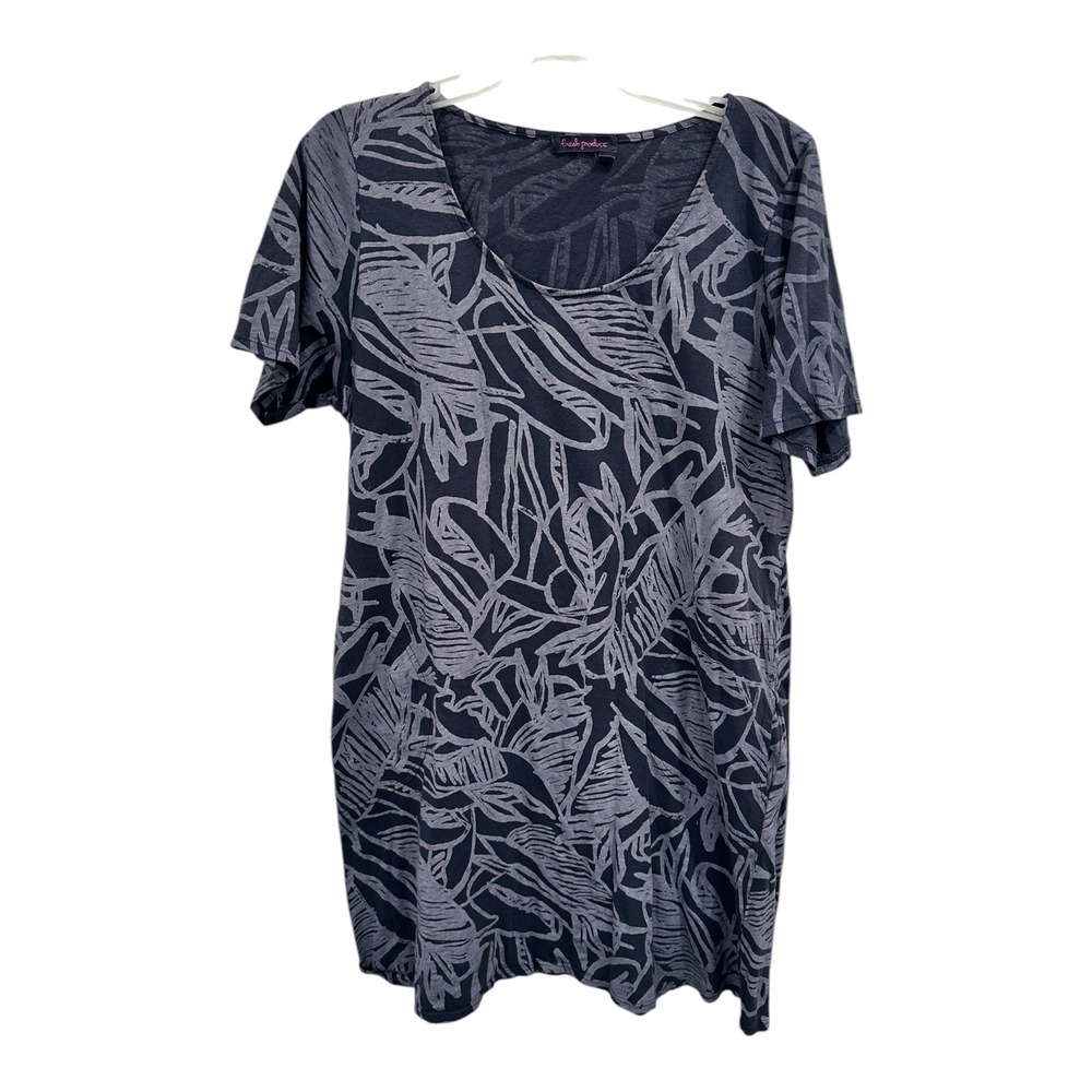 Fresh Produce Women's Medium Dress Blue Gray Leaf Print Short‎ Sleeve USA Made